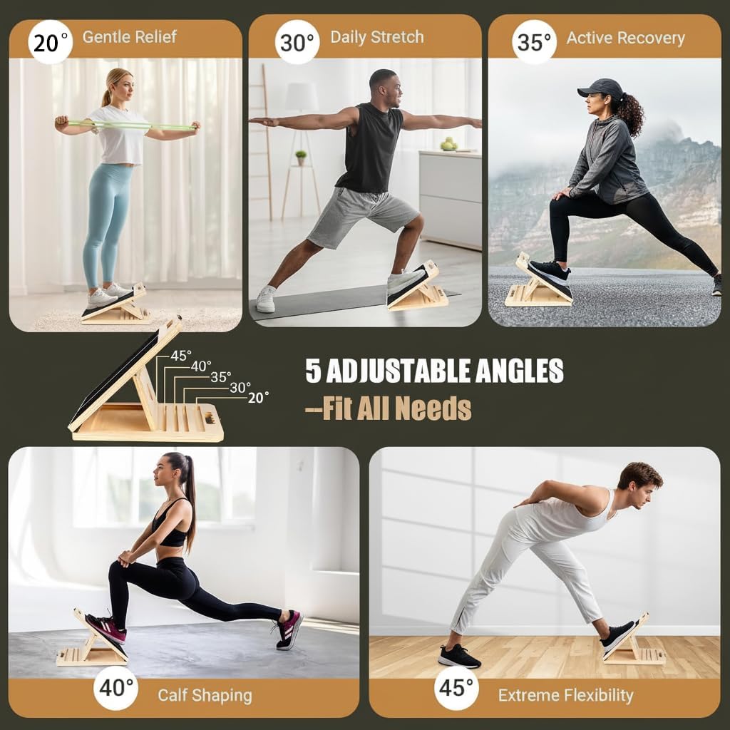 Adjustable 16.5"×12" Wooden Slant Board – 5-Angle Foldable Calf Stretcher & Squat Wedge for Home-Gym, Portable Incline Board for Physical Therapy Rehab Pilates, Ankle Knee Heel Feet Leg, 350 lb Rated