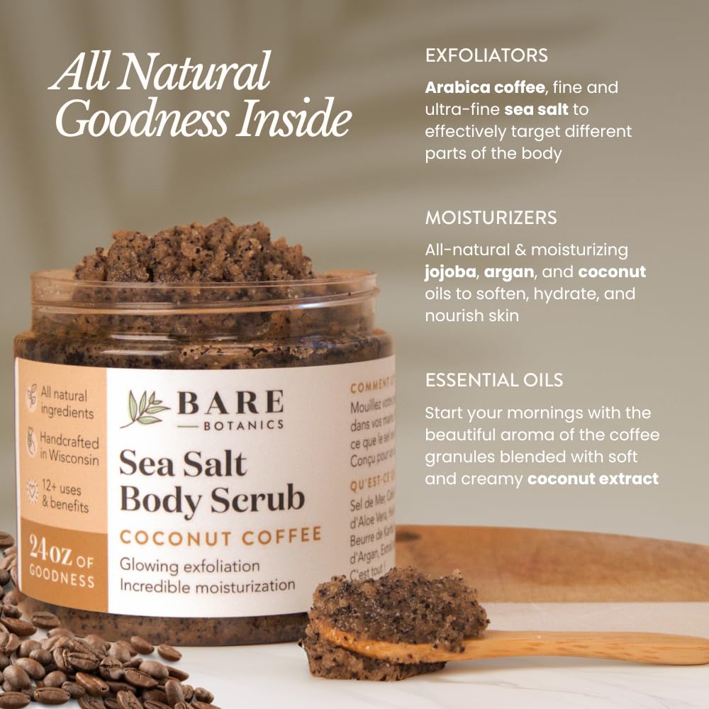 Bare Botanics 24oz Coconut Vanilla Sea Salt Body Scrub Natural Exfoliator
