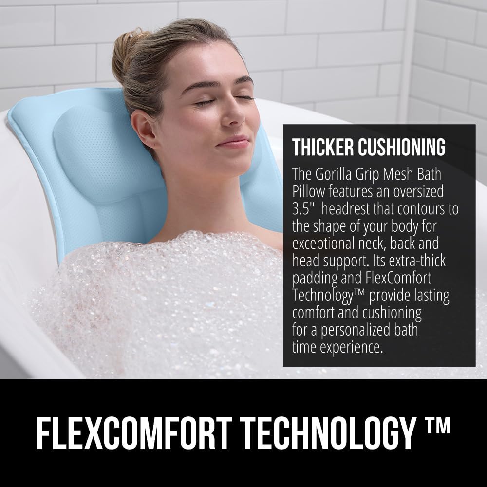 GORILLA GRIP Bath Pillow for Tub, 6 Strong Suction Cups, 4D Mesh FlexComfort Headrest for Neck, Head and Back Support, Luxury Machine Washable Pillows, Bathtub Accessories, Spa Gifts for Women, White