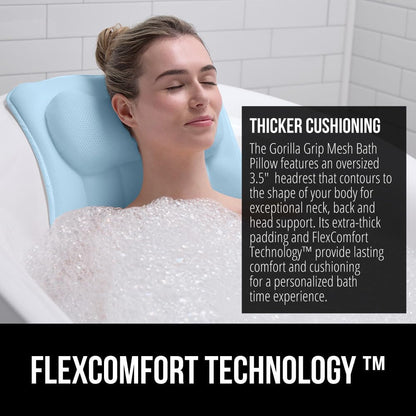 GORILLA GRIP Bath Pillow for Tub, 6 Strong Suction Cups, 4D Mesh FlexComfort Headrest for Neck, Head and Back Support, Luxury Machine Washable Pillows, Bathtub Accessories, Spa Gifts for Women, White