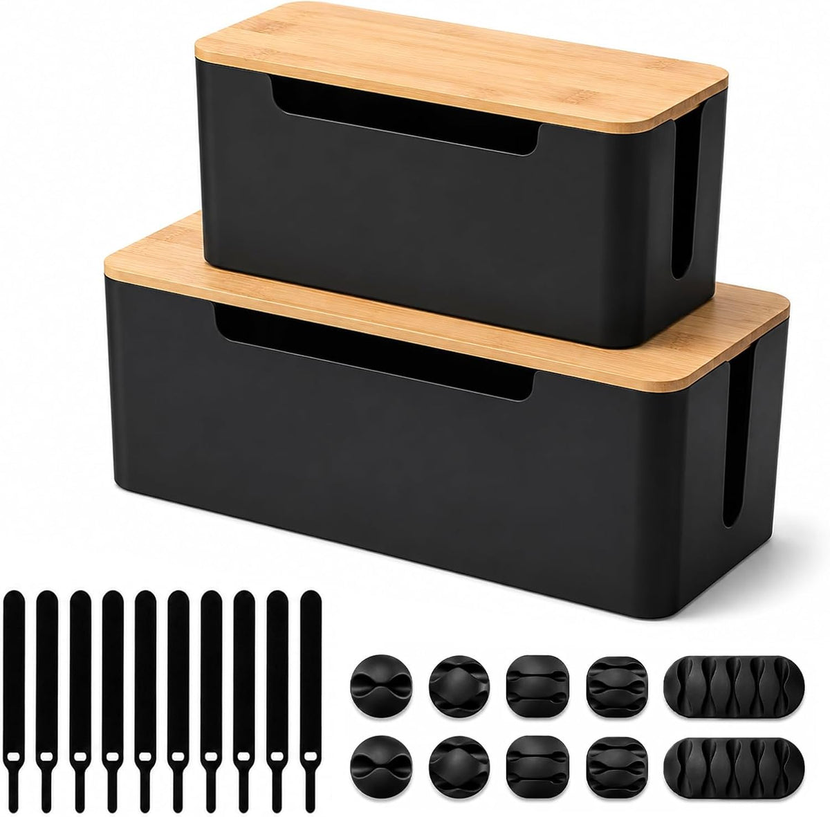[Set of 2] Wood Cover Cable Management Box Set, Wire Ties Included to Organize Desk Cord Cables, Hide TV Computer Wires, Power Strips, USB Hub to Make Your Home, Office Neat and Clean (White)