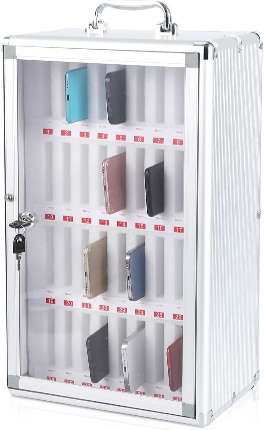 24 Slots Cell Phone Locker, Aluminum Alloy Portable Phone Storage Cabinet, Wall-Mounted Lock Box with Handle for Classroom Office Employees