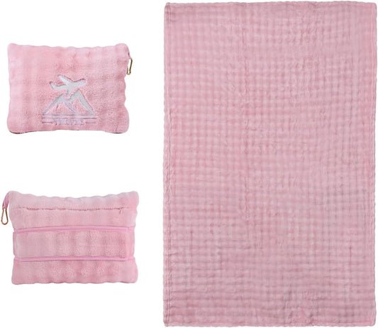 Travel Blanket and Pillow-2-in-1, Ultra-Soft&Compact, Airplane Blanket with Hand Luggage Belt and Backpack Clip,Travelers Accessories Gifts, 61x43 Inches(Pink