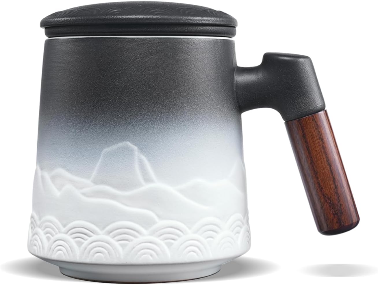 ZENS Embossed Ceramic Tea Mug with Infuser and Lid, 14.5 oz Wooden Handle, Loose Leaf Tea Steeper Cup & Strainer for Tea Lovers Gifts