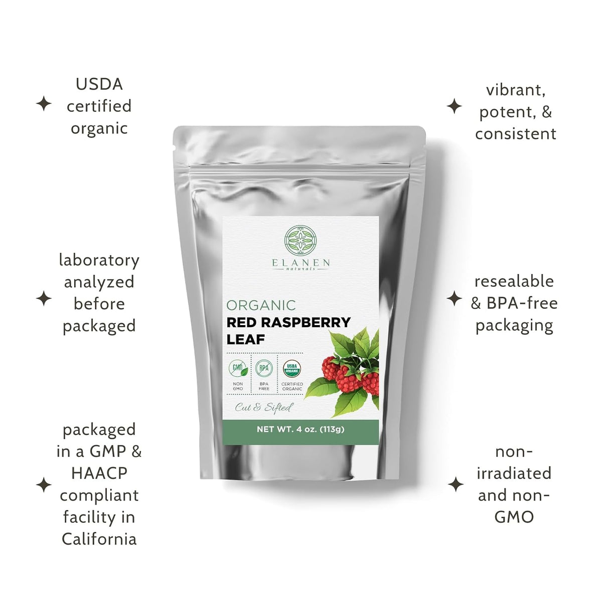 Organic Red Raspberry Leaf 4 oz. (113g), USDA Certified Organic Red Raspberry Leaf Tea Pregnancy, Loose Rasberry, Cut & Sifted