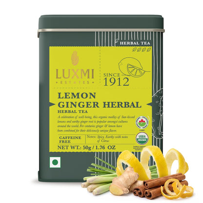 Luxmi Estates Lemon Ginger Tea, Organic Loose Leaf, 50g (1.76oz, 25 Cups), USDA Organic Herbal Infusion with Lemon Peel, Ginger Root, Lemongrass & Cinnamon - Caffeine-Free, Naturally Sweet, Resealable Tin