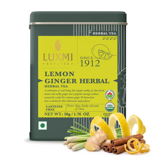 Luxmi Estates Lemon Ginger Tea, Organic Loose Leaf, 50g (1.76oz, 25 Cups), USDA Organic Herbal Infusion with Lemon Peel, Ginger Root, Lemongrass & Cinnamon - Caffeine-Free, Naturally Sweet, Resealable Tin