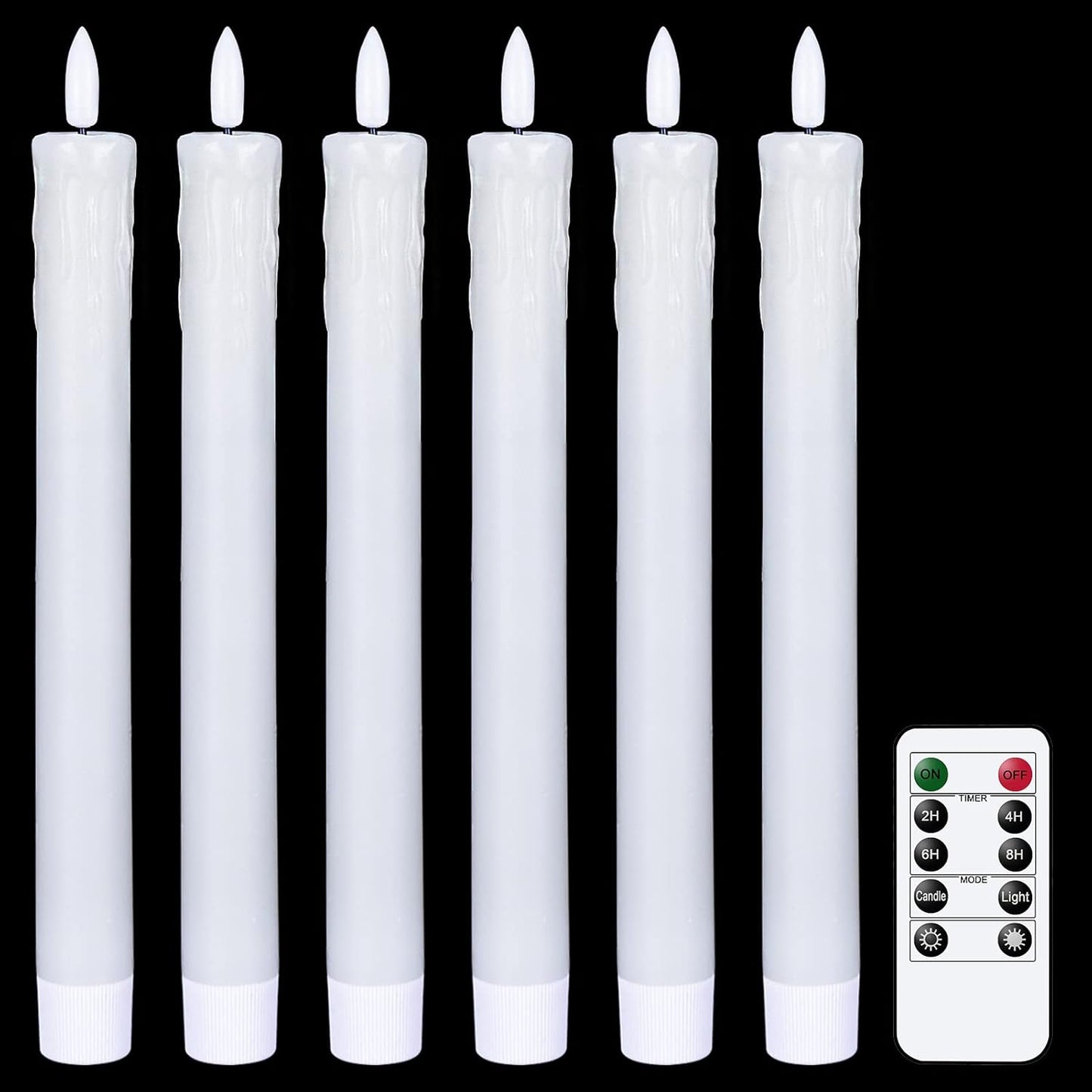 GenSwin Flameless Ivory Taper Candles Flickering with 10-Key Remote, Battery Operated Led Warm 3D Wick Light Window Candles Real Wax Pack of 6, Christmas Home Wedding Decor(0.78 X 9.64 Inch)