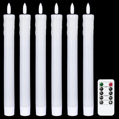 GenSwin Flameless Ivory Taper Candles Flickering with 10-Key Remote, Battery Operated Led Warm 3D Wick Light Window Candles Real Wax Pack of 6, Christmas Home Wedding Decor(0.78 X 9.64 Inch)