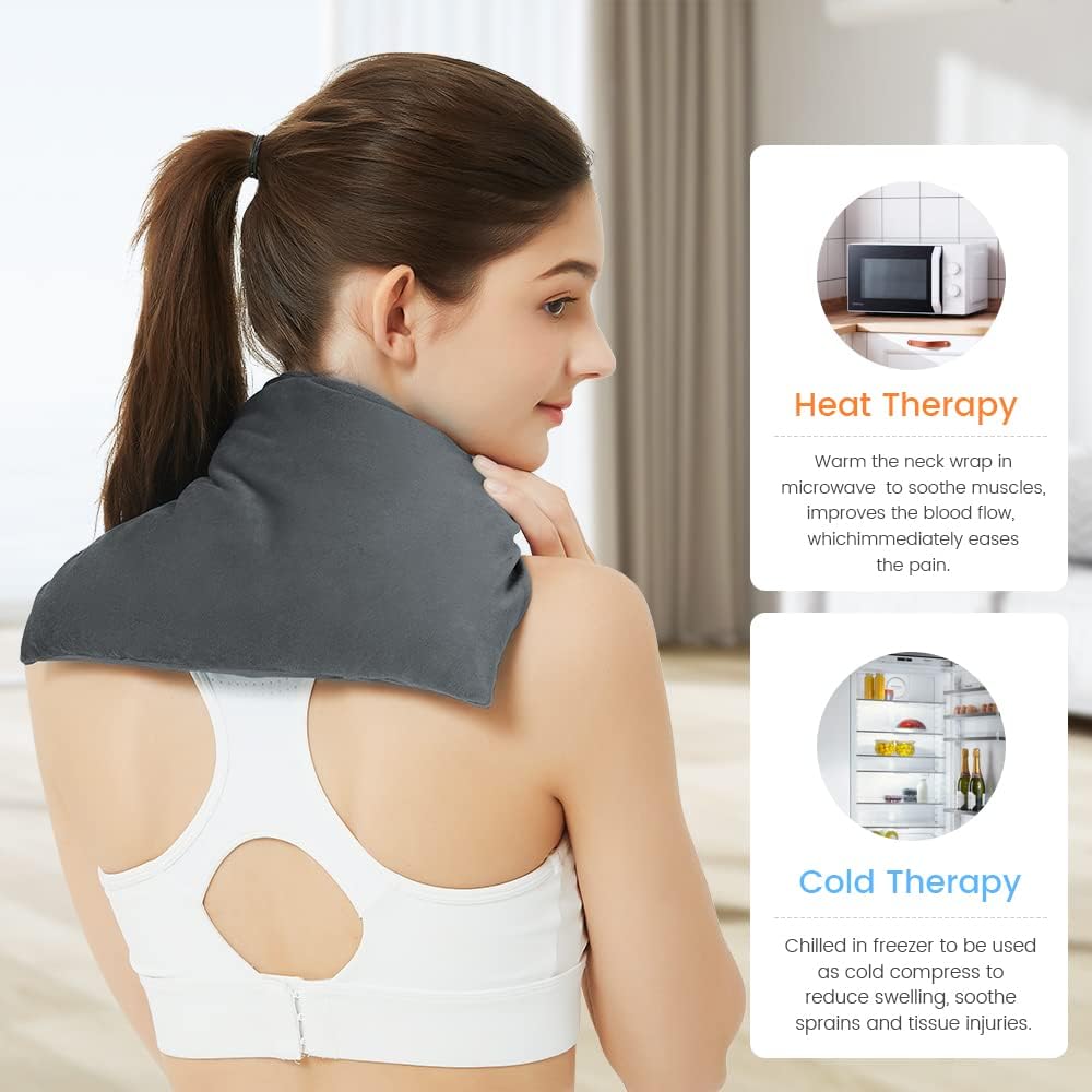 MORLIDEN Microwavable Heated Neck Wrap Warmer and Shoulder Weighted Heating Pad Microwave for Hot and Cold Compress - Dark Gray