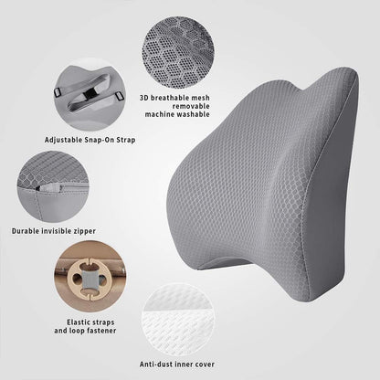Memory Foam Lumbar Support Pillow for Car - Lower Back Support Cushion for Driving, Back Pain Relief for Car Seat, Office Chair, Wheelchair (Gray)