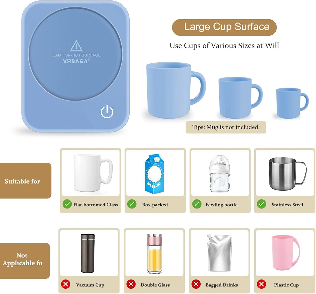 VOBAGA Coffee Mug Warmer for Desk with Auto Shut Off & 3-Temp Settings, Coffee Cup Warmer with Smart Safety Alert Home Office Accessory, Perfect for Coffee, Tea, Milk (Mug for Display)
