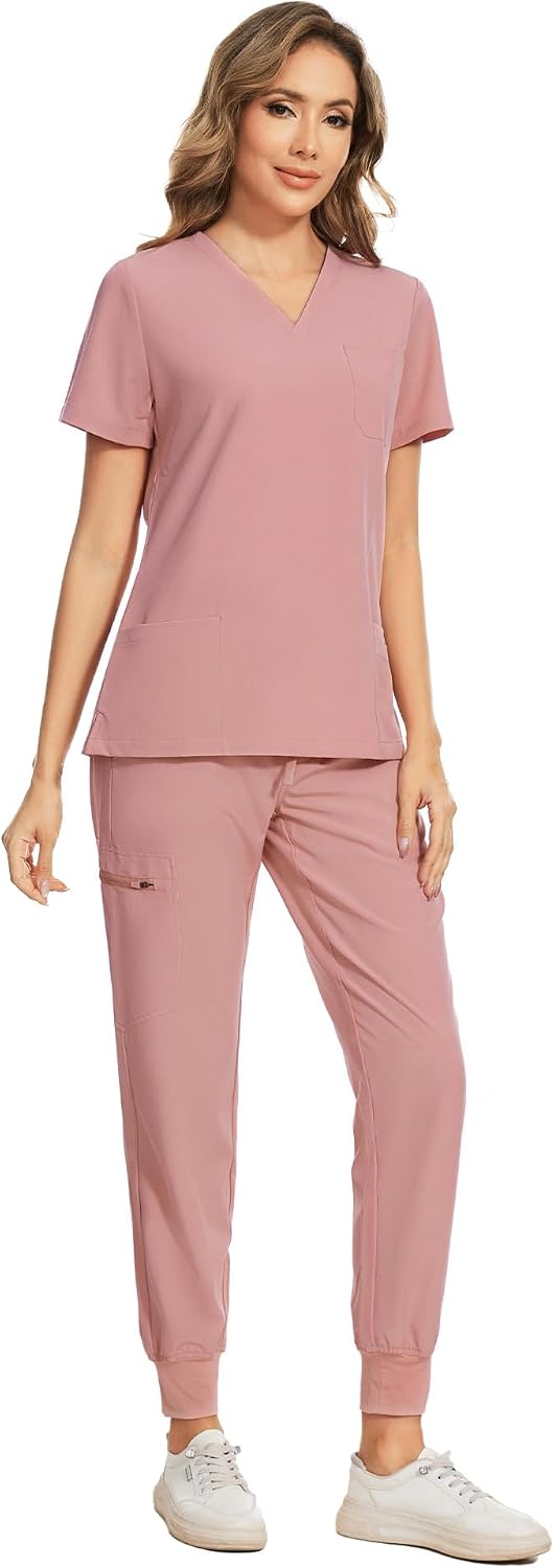 COZYFIT Scrubs for Women Set - Stretch V-Neck Scrub Top & Jogger Pant with 8 Pockets COZY SCRUBS - Colors B