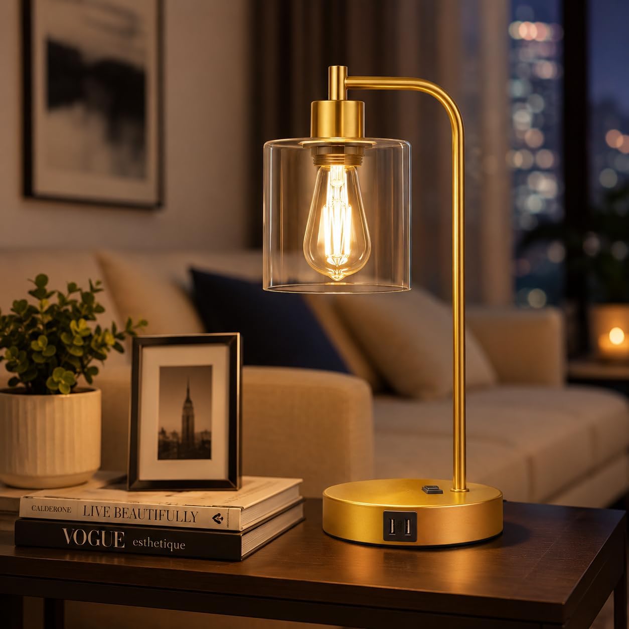 Set of 2 Industrial Touch Control Table Lamps with USB C+A Ports and AC Outlet - 3-Way Dimmable Black Bedside Lamps Nightstand Desk Lamps for Bedroom Living Room, Glass Shade & 2 LED Bulbs Included