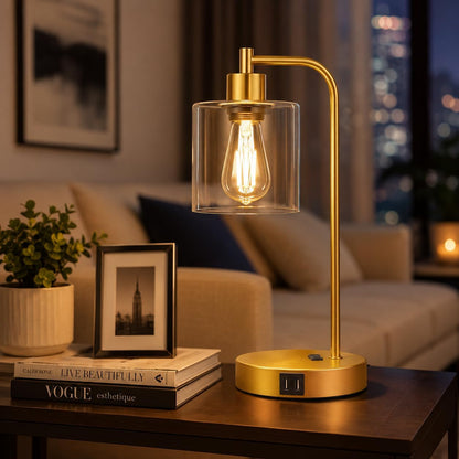 Set of 2 Industrial Touch Control Table Lamps with USB C+A Ports and AC Outlet - 3-Way Dimmable Black Bedside Lamps Nightstand Desk Lamps for Bedroom Living Room, Glass Shade & 2 LED Bulbs Included