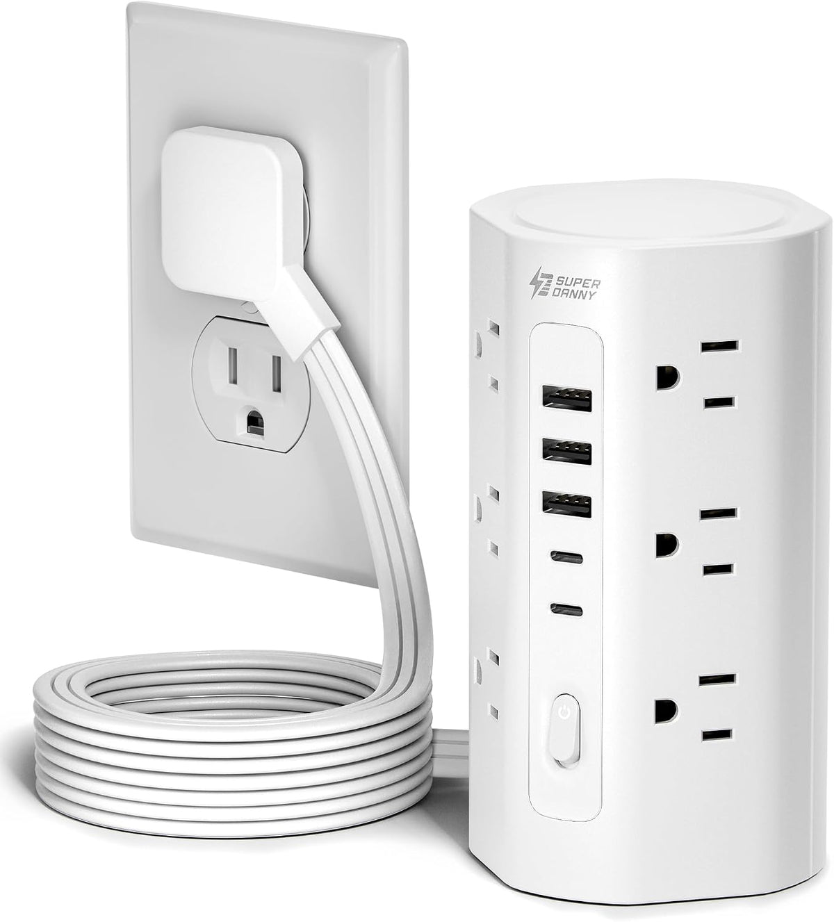 10Ft Tower Power Strip, Long Extension Cord, Flat Plug, 1700J, 12 AC 5 USB