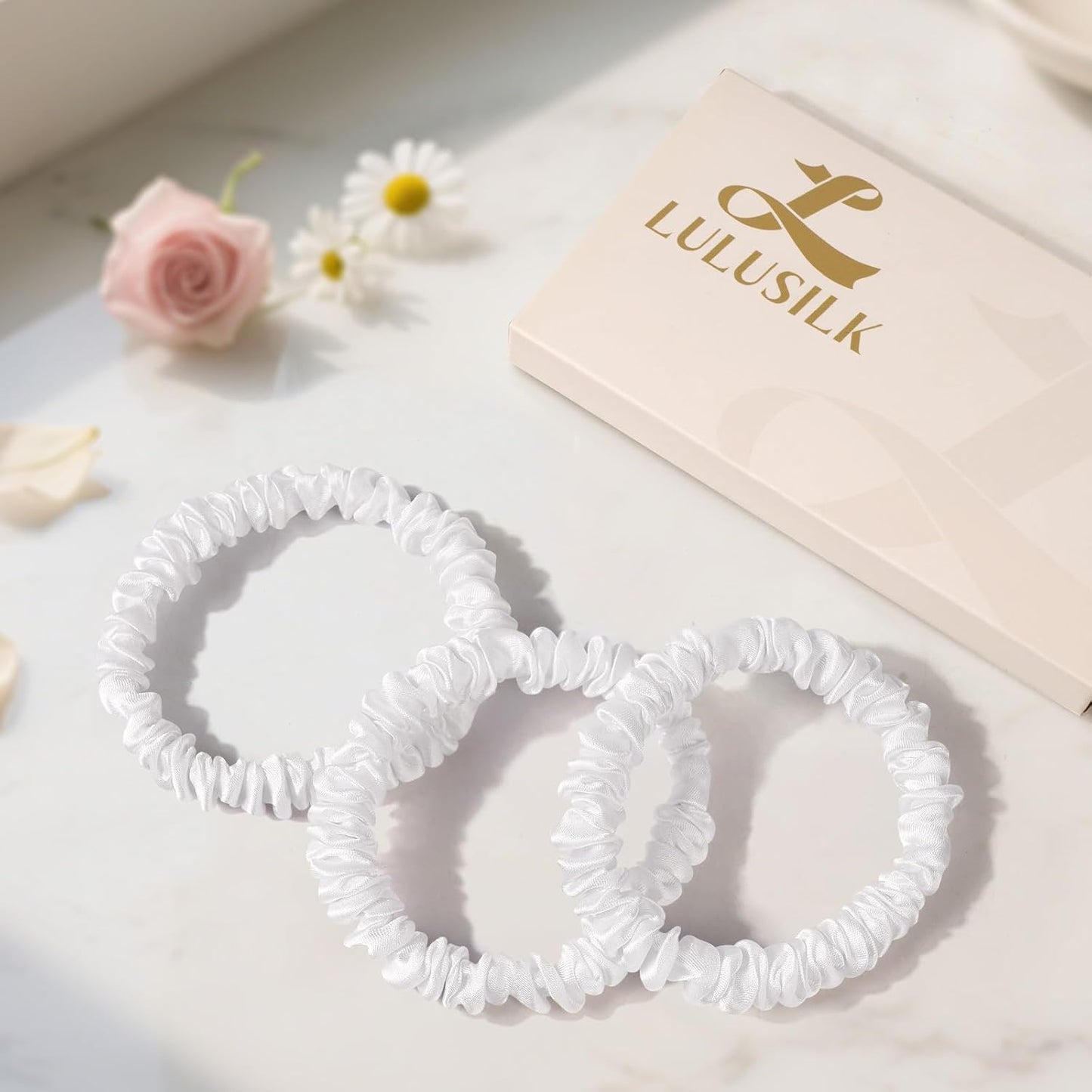 LULUSILK Small Silk Hair Ties No Damage, 100% Real Mulberry Silk, Skinny Scrunchies Ponytail Holders for Thin Fine Hair, Brown, Pack of 3