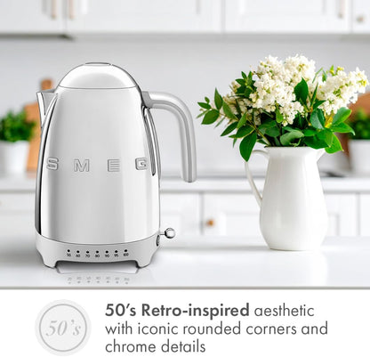 SMEG Variable Temperature Electric Kettle 1.7L (7 Cup), Stainless Steel Tea & Coffee Kettle, Fast Boil, Adjustable Temp 122°F–212°F, Keep Warm, Auto Shut-Off, 360° Base, Retro Style-Black