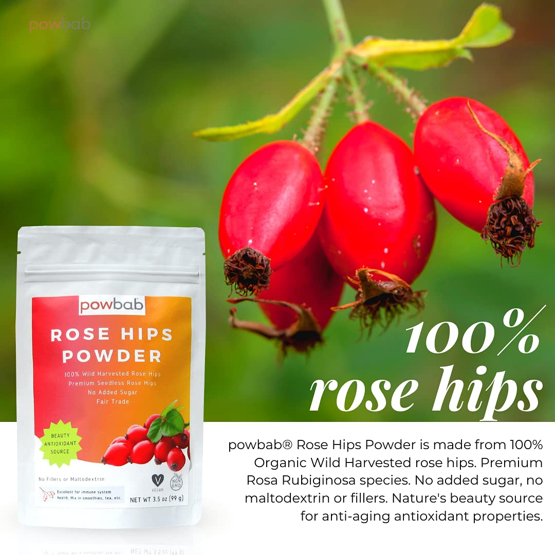 powbab Rose Hips Powder from 100% Wild Organic Rosehip. Premium Rosa Rubiginosa. Seedless Ground Rosehips from Whole Dried Rose Hips. No Added Sugar. Fair Trade (3.5 oz)