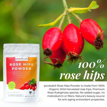 powbab Rose Hips Powder from 100% Wild Organic Rosehip. Premium Rosa Rubiginosa. Seedless Ground Rosehips from Whole Dried Rose Hips. No Added Sugar. Fair Trade (3.5 oz)