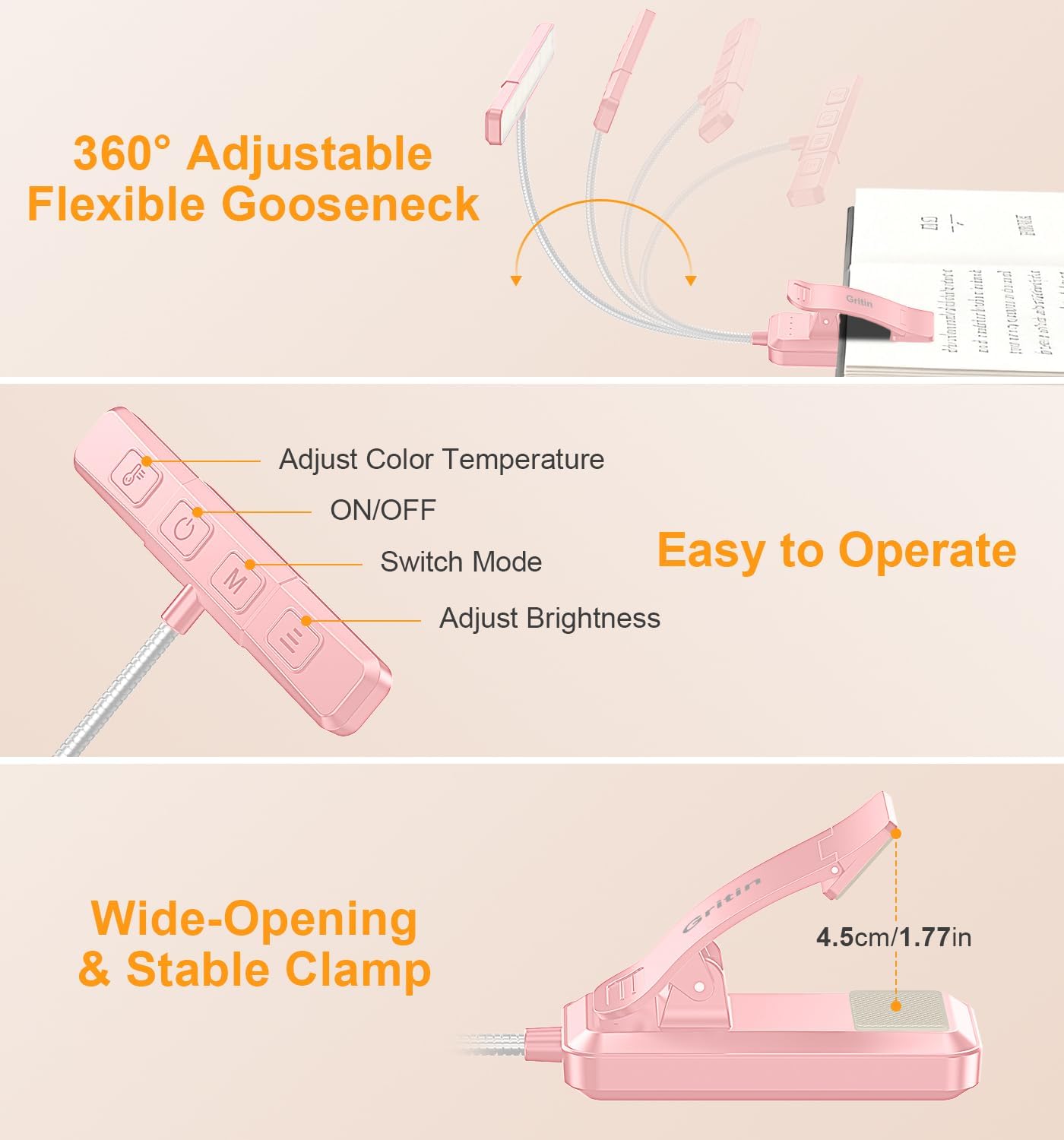 Gritin 2026 Gen 2 Book Light for Reading- 32 Eye Caring Full Spectrum LED | 5 Colors & 5 Brightness, Adjustable Wide/Narrow Beam, Upgrade 1500mAh Long-Lasting Rechargeable Clip on Light for Book Lovers