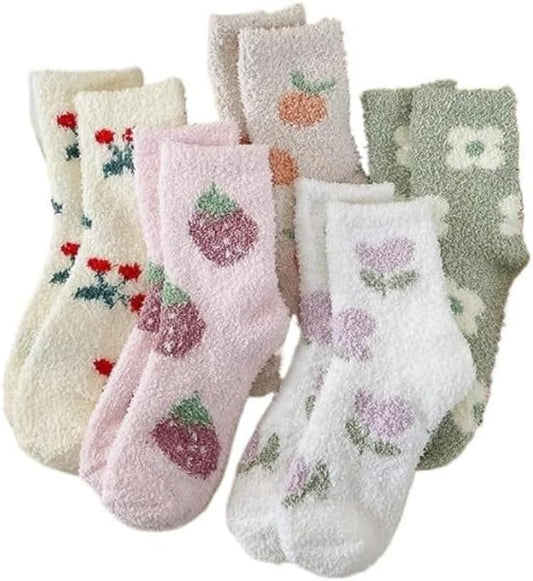 Kelabia 5 Pair Cute Floral Fuzzy Socks, Women Fluffy Slippers, Cottagecore Winter Thick Cozy Vintage Long Socks