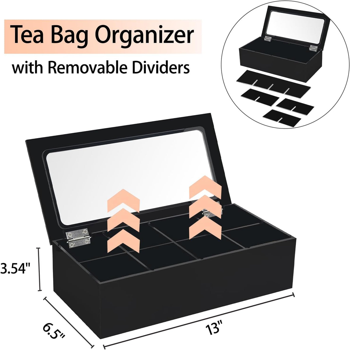 Tasybox Tea Bag Organizer, Acrylic Tea Box with Lid, Black Teabag Holder