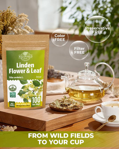 WILDFIELD HERBS 100 Linden Tea Dried Linden Flower Tea Herbal (Tilia cordata) - 100 Count 1.5g Tea Bags Linden Flowers Tea Herb Lipa