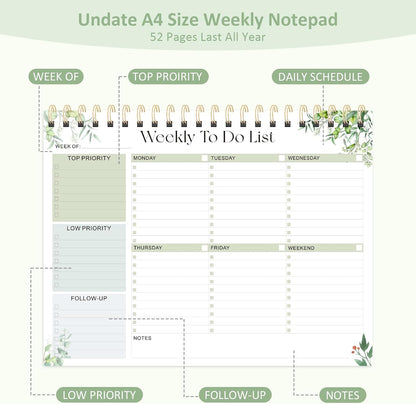 Weekly To Do List Notepad, 52 Undated Sheets (8.5"×11"), Undated Weekly Planner for Women & Men, Desk Accessories and Supplies for Office, Home, and School