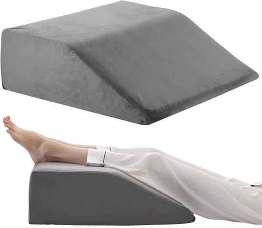 Bedluxe Leg Pillow Elevation Blood Circulation, Wedge Pillow for Legs Swelling, Leg Elevating Wedge Pillow for After Surgery, Foot Knee Pillow for Leg Rest, Sleeping, Memory Foam Top, 8in, White/Grey
