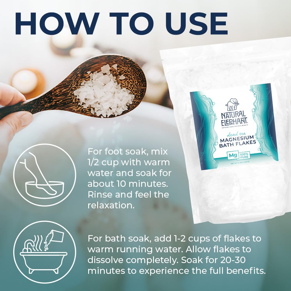 Natural Elephant Dead Sea Magnesium Bath Flakes | 10 lb (Pack of 2 5lb Bags) | Pure Magnesium Chloride Soak for Body and Foot | Ideal for a Soothing Bath Experience | Alternative to Epsom Salt