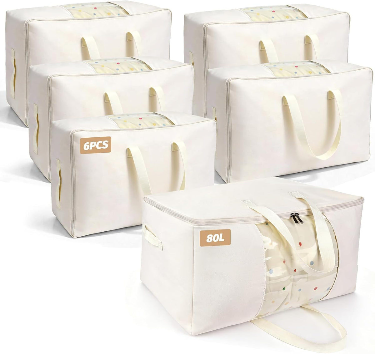 Soft Large Canvas Storage Bags with Zipper. Thick Breathable. Four Carrying Handles and Window. Cotton Linen Storage for Pillows, Quilt, Blankets and Comforter, 80L, Beige