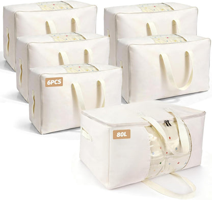 Soft Large Canvas Storage Bags with Zipper. Thick Breathable. Four Carrying Handles and Window. Cotton Linen Storage for Pillows, Quilt, Blankets and Comforter, 80L, Beige