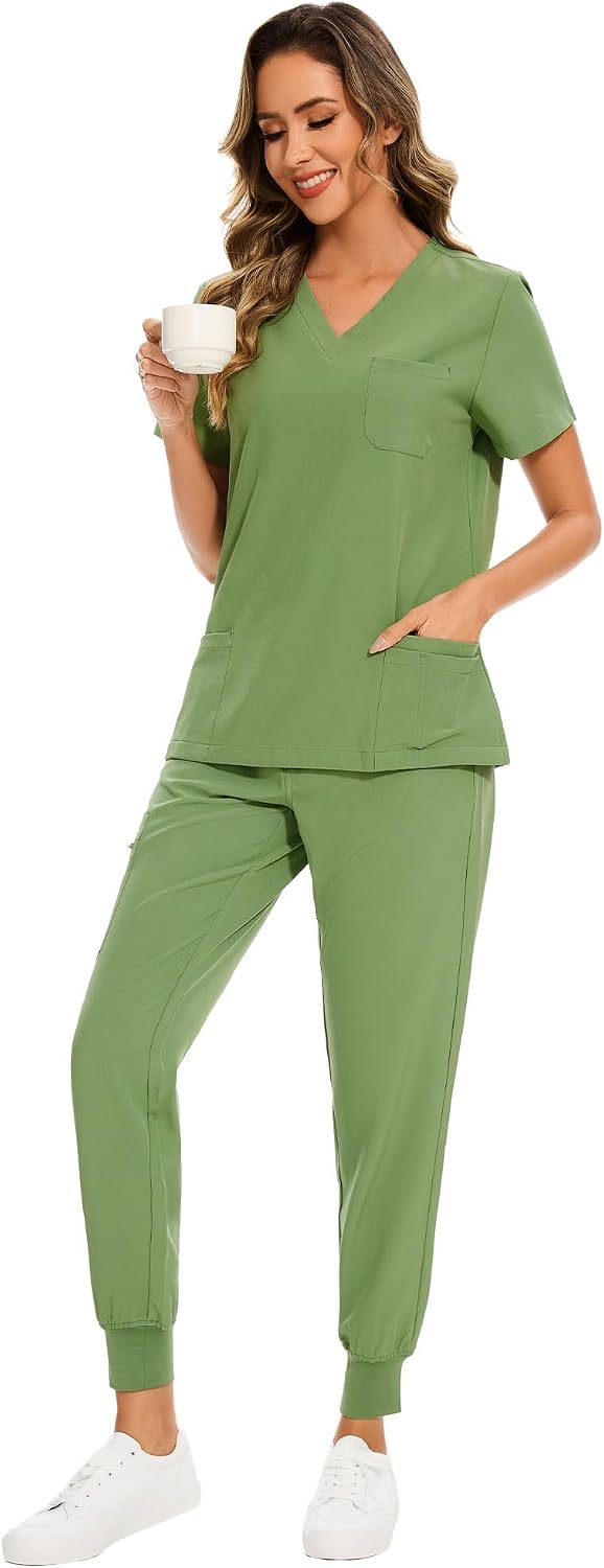 COZYFIT Scrubs for Women Set - Stretch V-Neck Scrub Top & Jogger Pant with 8 Pockets COZY SCRUBS - Colors E