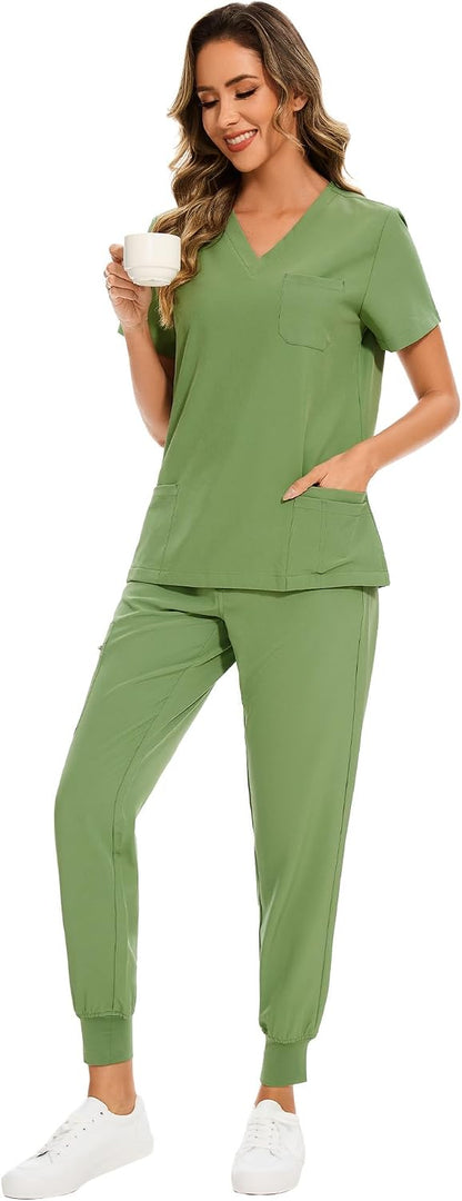 COZYFIT Scrubs for Women Set - Stretch V-Neck Scrub Top & Jogger Pant with 8 Pockets COZY SCRUBS - Colors E
