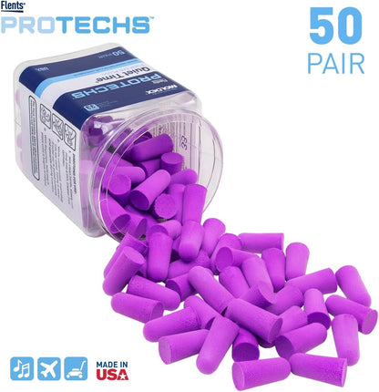 Flents Protechs Foam Ear Plugs, 70 Pair for Sleeping, Snoring, Loud Noise, Traveling, Concerts, Construction, Studying, Work, Shooting, NRR 33, Noise Cancelling, Disposable Purple, Made in the USA