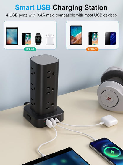 6FT Power Strip Tower Surge Protector, 12 Wide Spaced Outlets, 4 USB