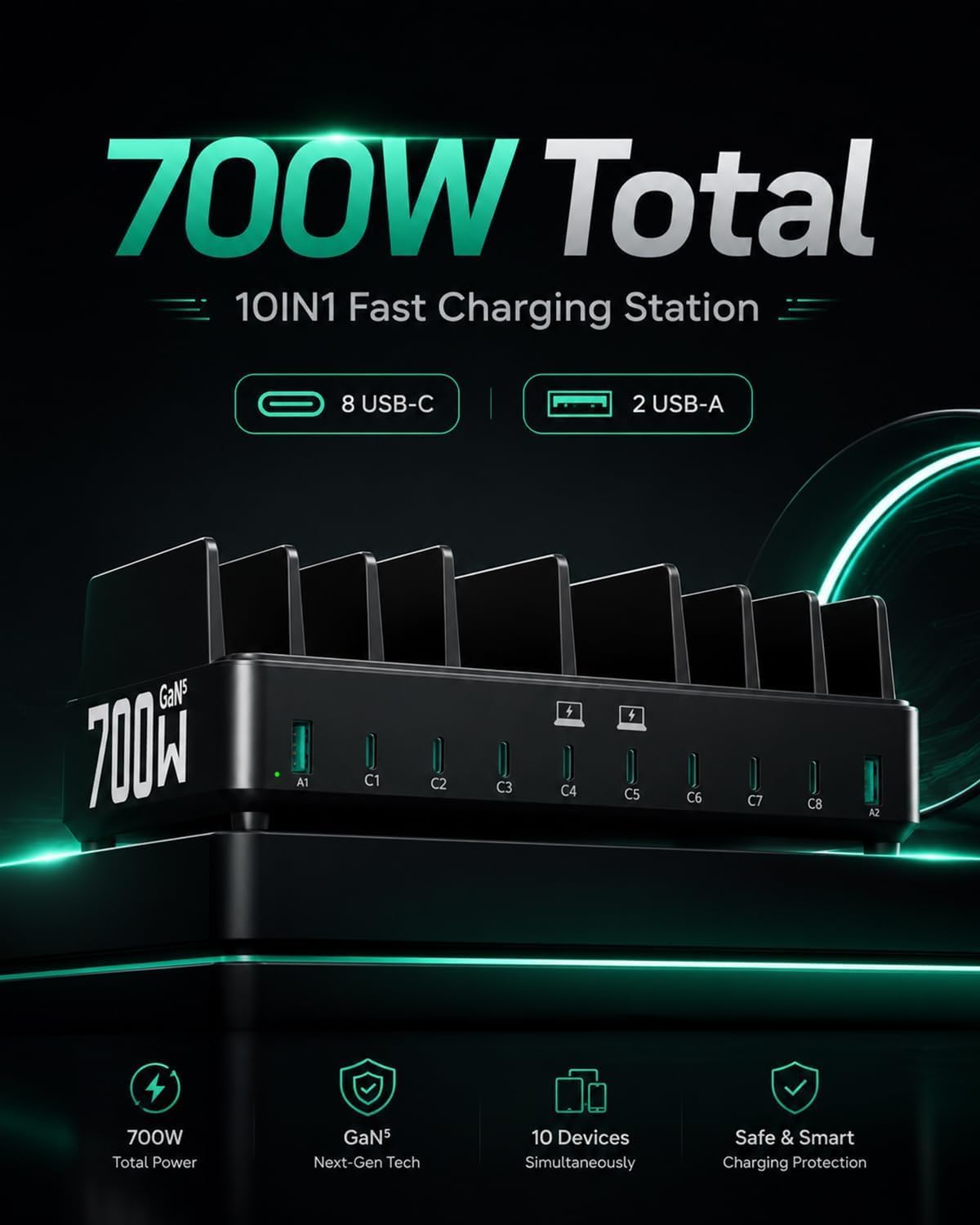 700W 10-in-1 GaN 5 Fast Charger Dock Multi Device Charging Station