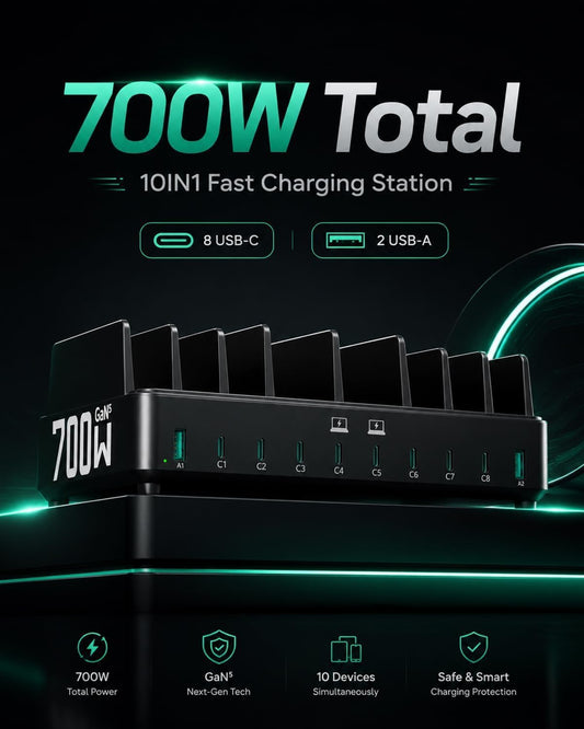 700W 10-in-1 GaN 5 Fast Charger Dock Multi Device Charging Station