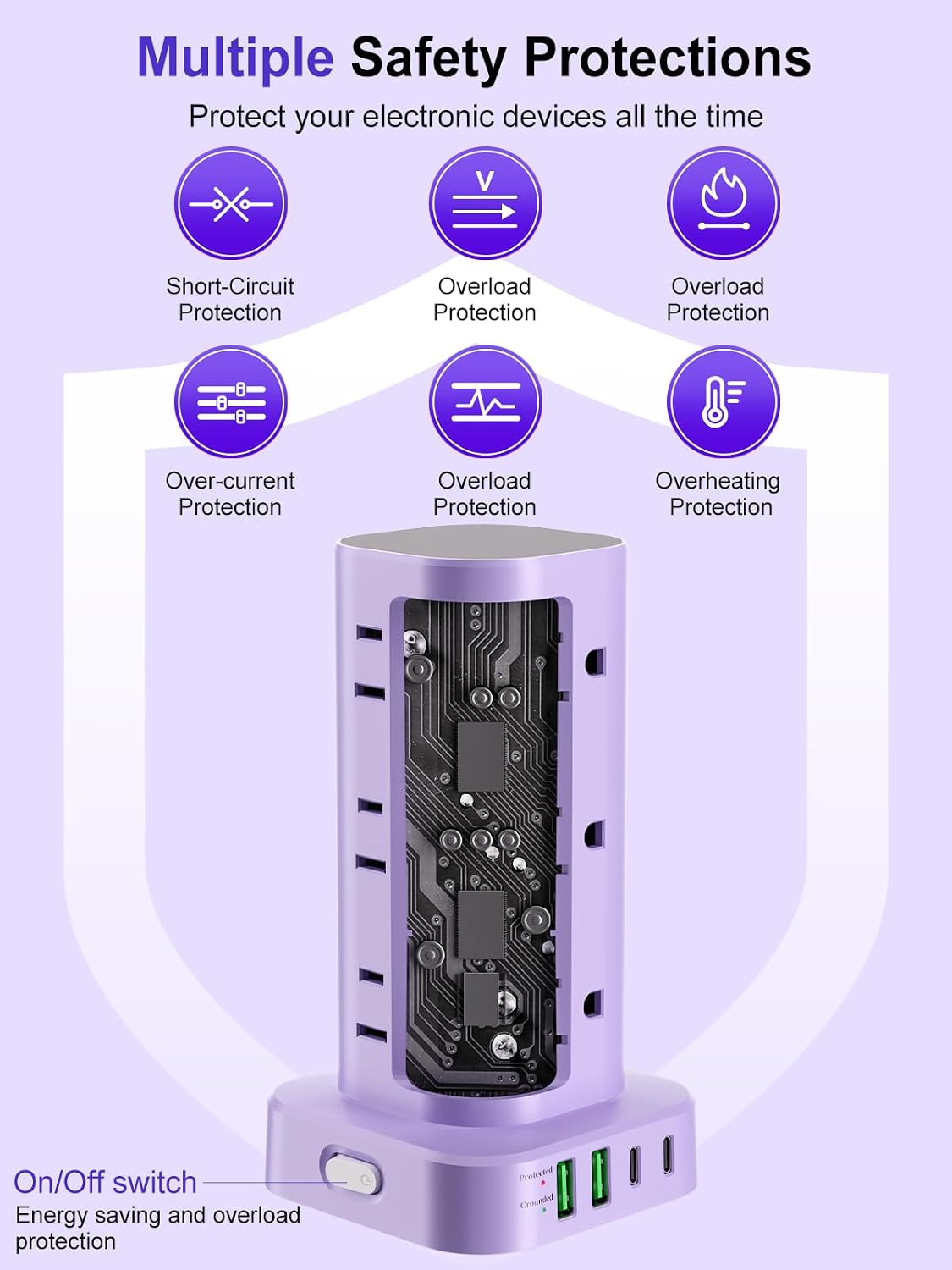 6FT Power Strip Tower Surge Protector, 12 Wide Spaced Outlets, 4 USB