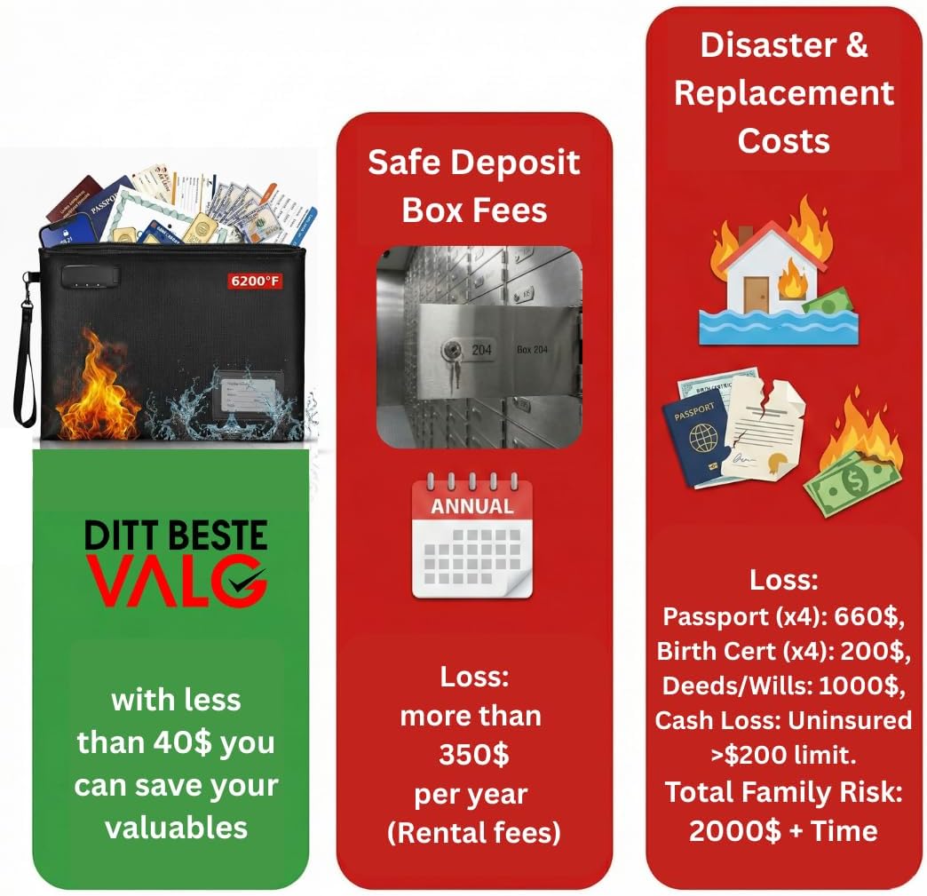 Premium Fireproof Document Bag With Lock Money Safe Bags Waterproof Zipper 6200 °F Fire Resistant Lockable Pouch Water Proof Small Portable Firesafe Organizer For Cash Phone Tablet USB Jewelry