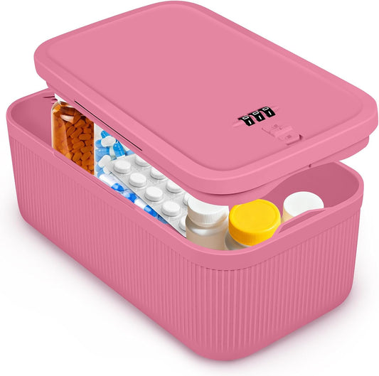 Small Lock Box, Lockable Storage Box with Combination Code for Medication Safe, Medicine Lock Box for Pills/First Aid Kits/Food/Snack Phone Jail, Locked Container for Home/Fridge/Office/School (Pink)