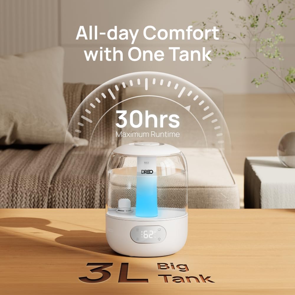 DREO Humidifiers for Bedroom, 3L Top Fill 30H & 26dB Quiet Runtime for Large Room, Cool Mist Ultrasonic Humidifier with Humidity Sensor, Night Light for Home, Baby, Nursery, Plants, 360° Nozzle, Black