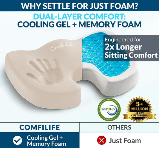 ComfiLife Gel Enhanced Seat Cushion – Office Chair Cushion – Non-Slip Gel & Memory Foam Coccyx Cushion for Tailbone Pain - Desk Chair Car Seat Cushion Driving - Sciatica & Back Pain Relief (Navy)