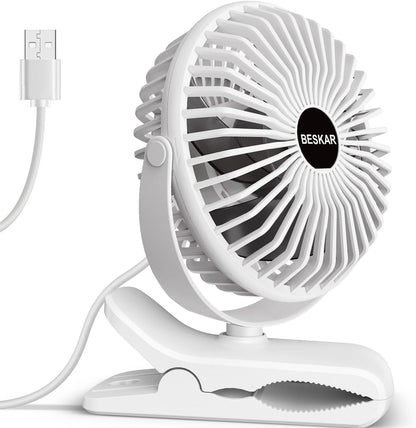 BESKAR Small Clip on Fan, 3 Speeds USB Fans with Strong Airflow, Clip & Desk Fans USB Plug in with Sturdy Clamp - Ultra Quiet operation for Office Dorm Bedroom Stroller
