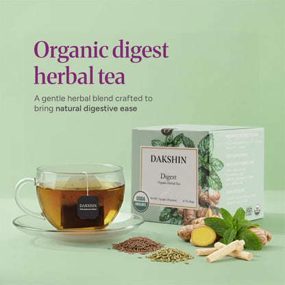 DAKSHIN Organic Digestive Tea Bags | Ginger, Peppermint, Fennel, Dandelion Root & Licorice | Naturally Soothing After-Meal Tea | Caffeine-Free | USDA Organic | 16 Tea Bags