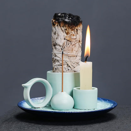 4 in 1 Ceramic Incense Burner Holder with Handle for Burning Sage, Palo Santo Stick, Joss Sticks, Candle in Your New House, Office, Yoga, Meditation Room (Speckled Blue)