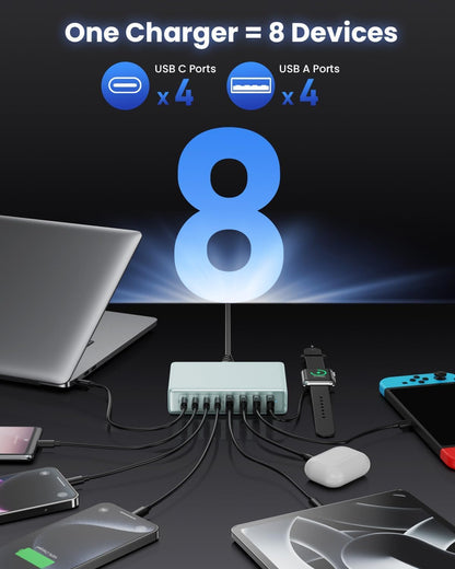 USB C Charger 200W USB C Charger Block,Upgraded GaN III 8-Port Fast Charging Station Hub,PD 65W Laptop Charging Adapter Compatible with MacBook Pro/Air,DELL,Steam Deck,iPhone 16/15/14,Galaxy S23/22