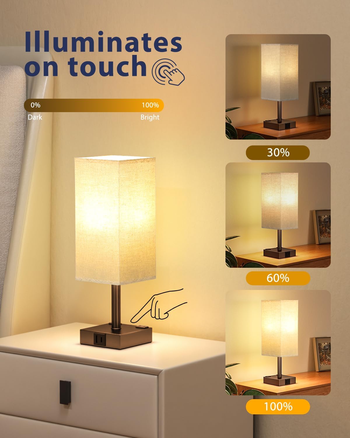 Touch Bedside Table Lamp for Bedroom - Dimmable, USB C+A, 2 AC Outlets