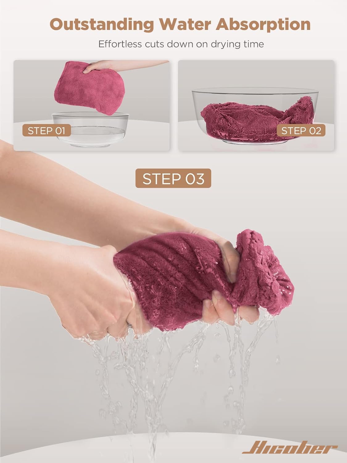 Hicober Microfiber Hair Towel Wrap, Fast Drying Hair Towels for Women, Soft Lightweight Quick Dry Turban for Curly & Long Hair–3 Pack(Blue/Grey/Pink)